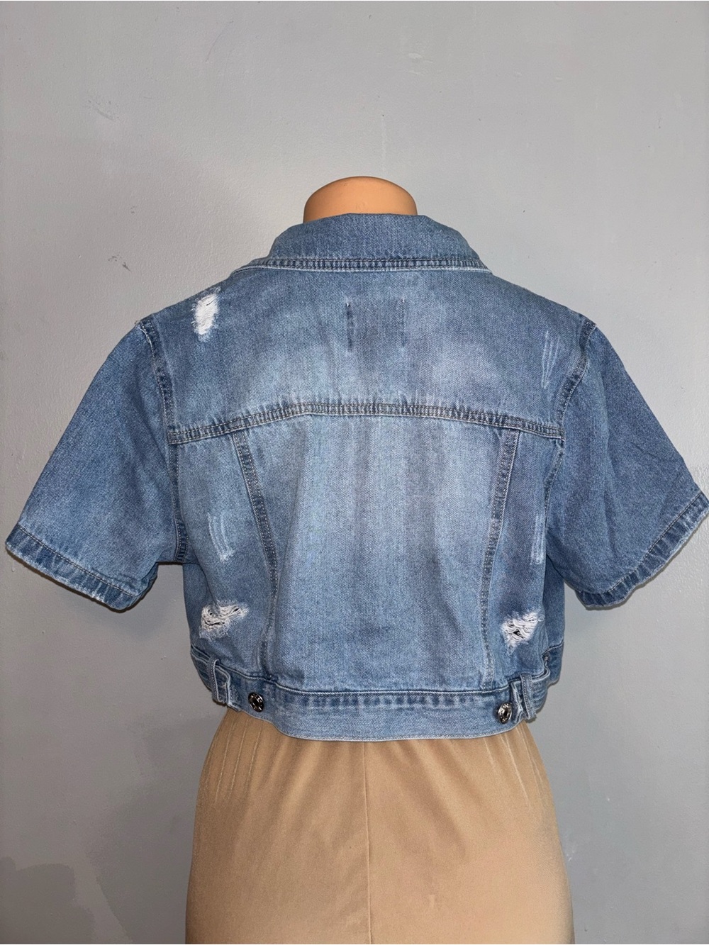 Cropped Light Blue Denim Jacket - Short Sleeve Jean Jacket - Picture 3 of 11